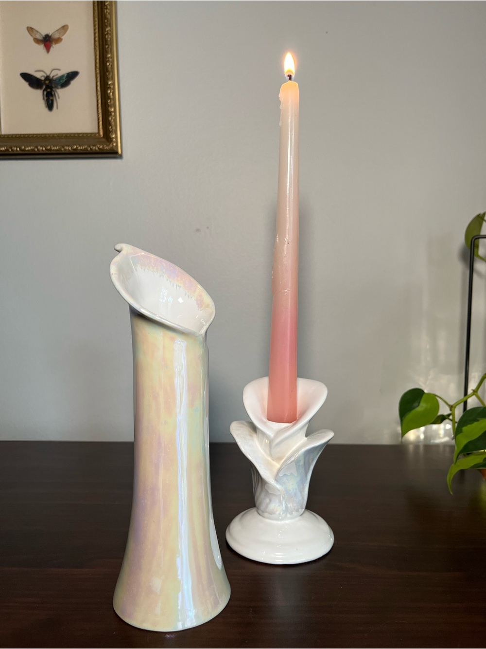 Vintage Iridescent Opalescent ceramic Vase & Candle Holder Set | Callas lily